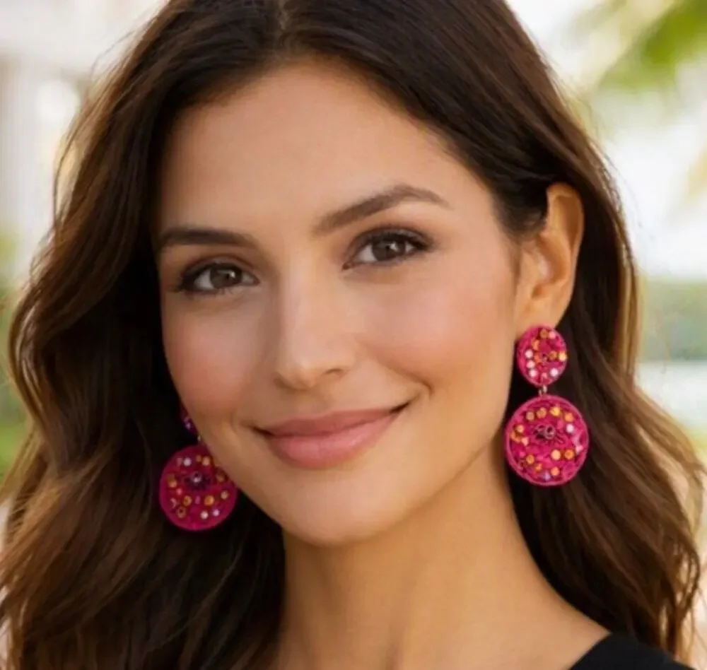 Tuckernuck Pink Raffia Gemstone Drop Earrings Woven Boho
